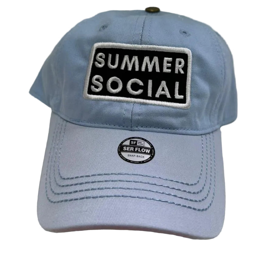 Light blue cap with 'Summer Social' patch on a white background