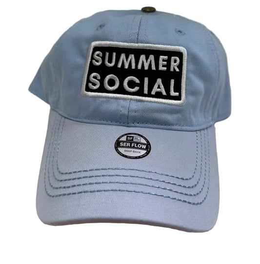Light blue cap with 'Summer Social' patch on a white background